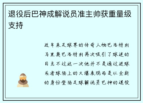 退役后巴神成解说员准主帅获重量级支持