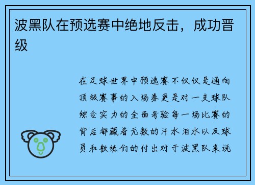 波黑队在预选赛中绝地反击，成功晋级