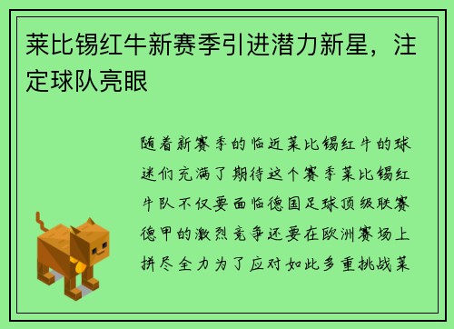 莱比锡红牛新赛季引进潜力新星，注定球队亮眼