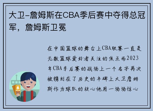 大卫-詹姆斯在CBA季后赛中夺得总冠军，詹姆斯卫冕