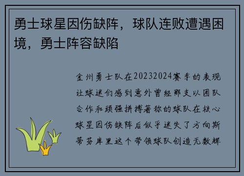 勇士球星因伤缺阵，球队连败遭遇困境，勇士阵容缺陷