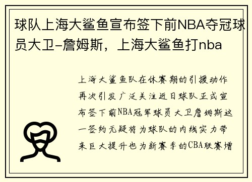 球队上海大鲨鱼宣布签下前NBA夺冠球员大卫-詹姆斯，上海大鲨鱼打nba