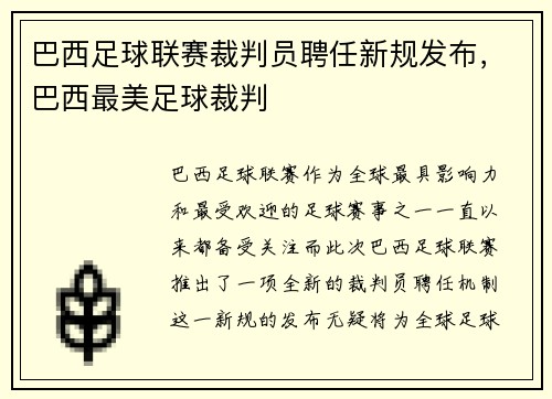 巴西足球联赛裁判员聘任新规发布，巴西最美足球裁判