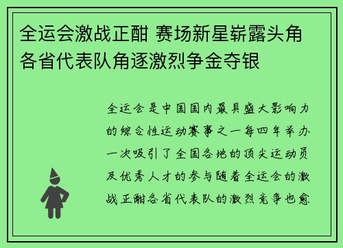 全运会激战正酣 赛场新星崭露头角 各省代表队角逐激烈争金夺银