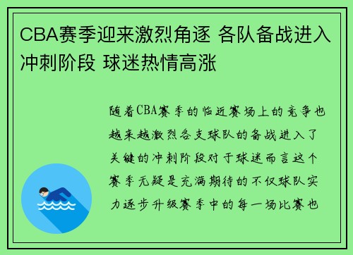 CBA赛季迎来激烈角逐 各队备战进入冲刺阶段 球迷热情高涨