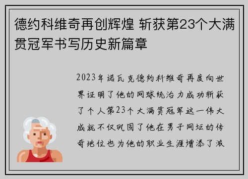 德约科维奇再创辉煌 斩获第23个大满贯冠军书写历史新篇章