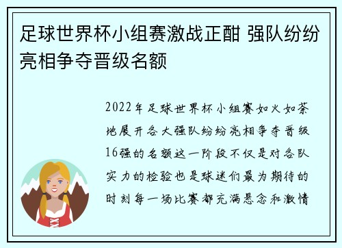 足球世界杯小组赛激战正酣 强队纷纷亮相争夺晋级名额