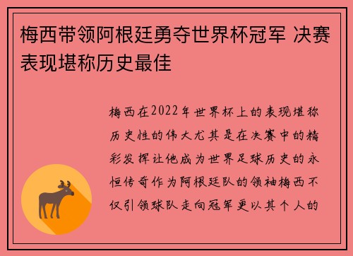 梅西带领阿根廷勇夺世界杯冠军 决赛表现堪称历史最佳