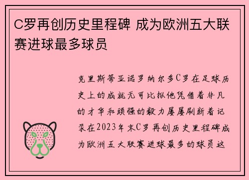 C罗再创历史里程碑 成为欧洲五大联赛进球最多球员