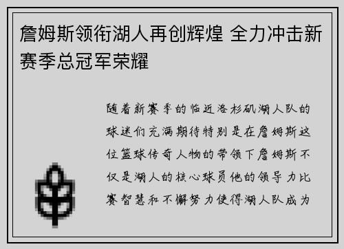 詹姆斯领衔湖人再创辉煌 全力冲击新赛季总冠军荣耀